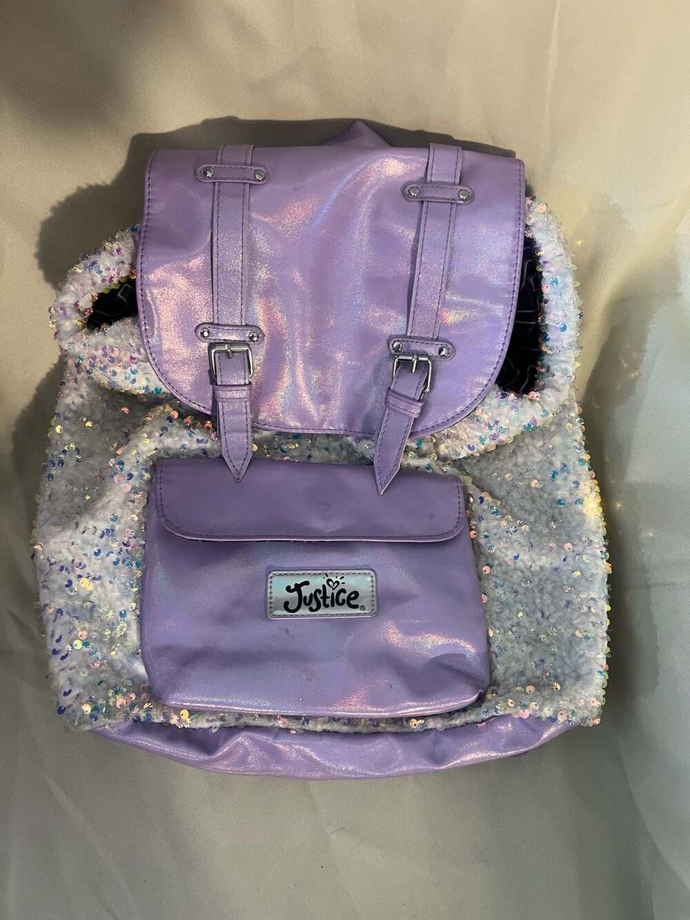 Justice Purple Iridescent Sequin Rucksack Backpack with Flap Closure